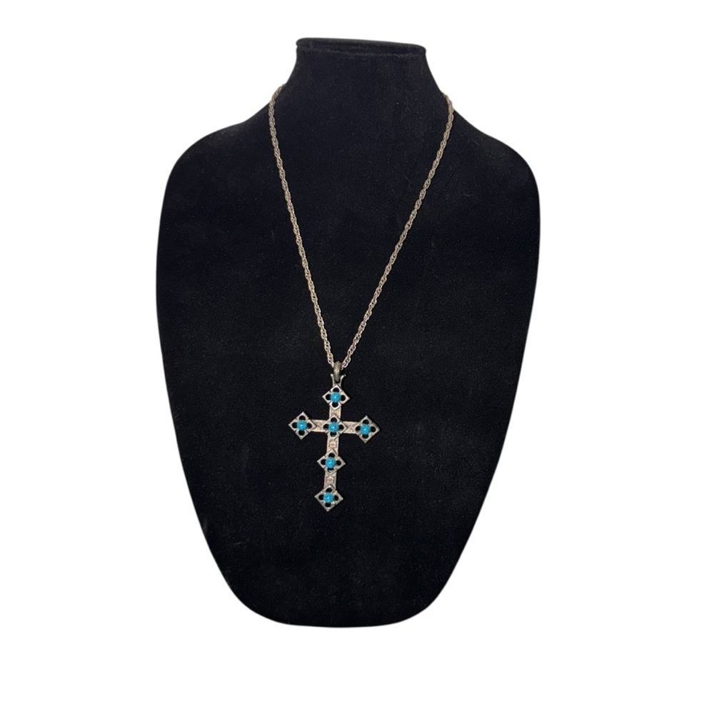 Vintage Costume Jewelry Turquoise Cross Pendant